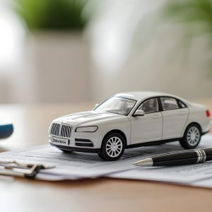 Closeup Of A Small Toy Car Model Placed Next To A Stack Of Car Insurance Documents A Pen And A Calculator On A Wooden Office Desk Concept Of Car Ownership Vehicle Insurance And Financial Planning